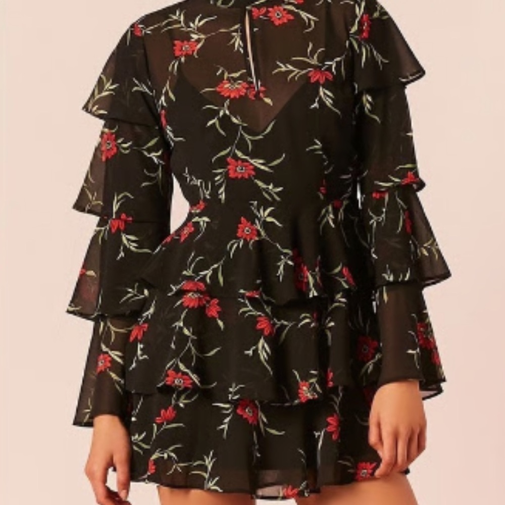 Forever 21 Black Long-Sleeve Floral Tiered Mini Dress